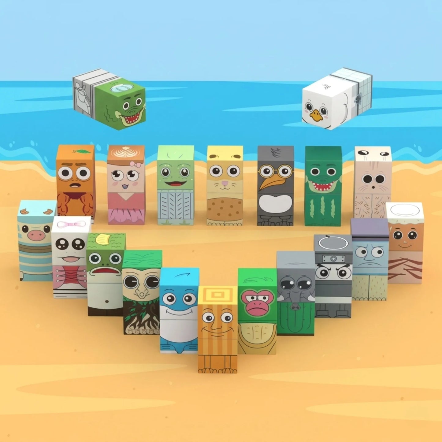 italian brainrot Cartoon animal blocks on a beach with blue sky and sand background