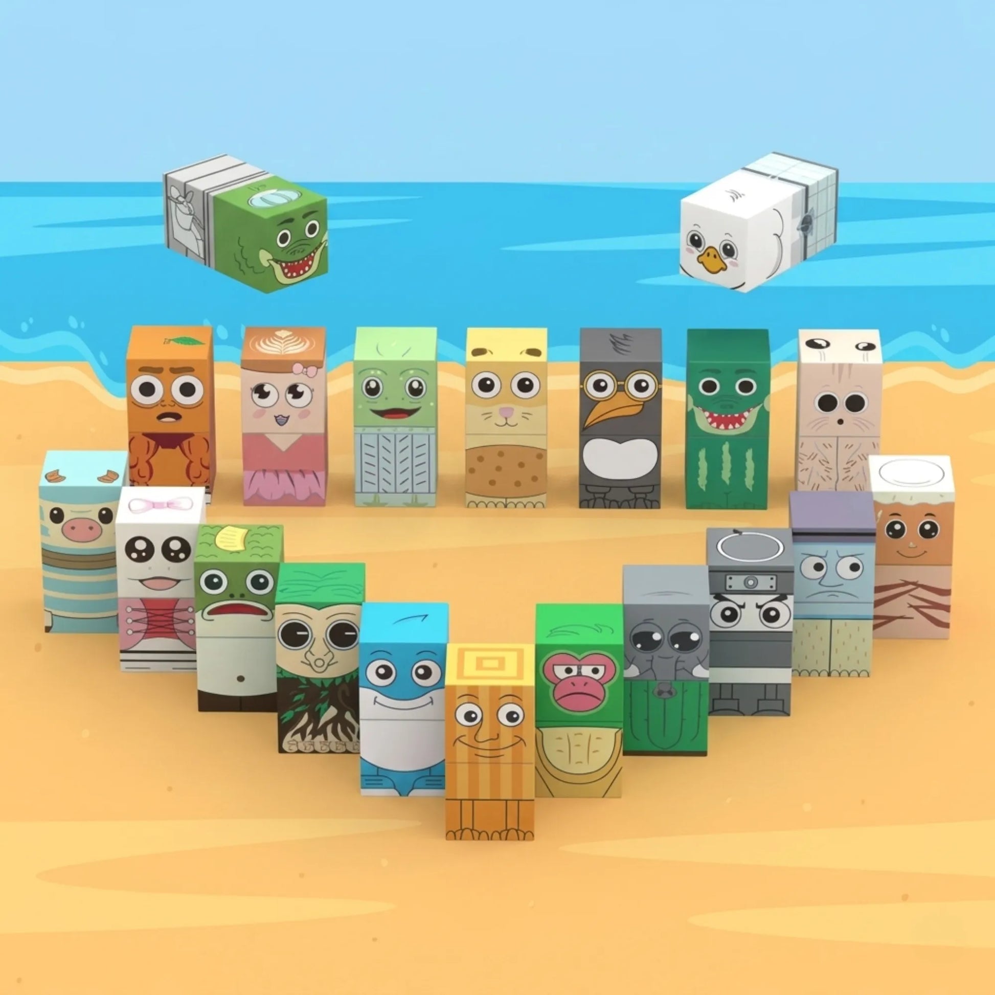 italian brainrot Cartoon animal blocks on a beach with blue sky and sand background