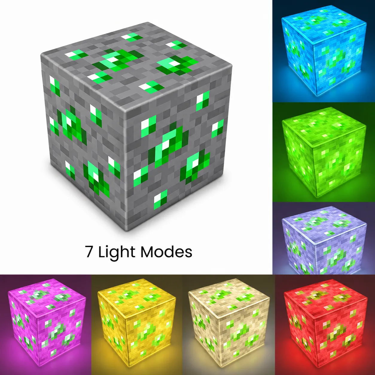 Emerald Ore magnetic block with 7 different light modes displayed on a white background