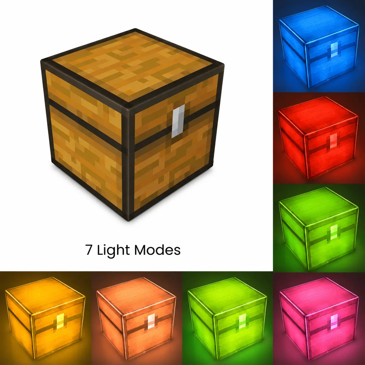chest magnetic block with 7 different light modes displayed around it.