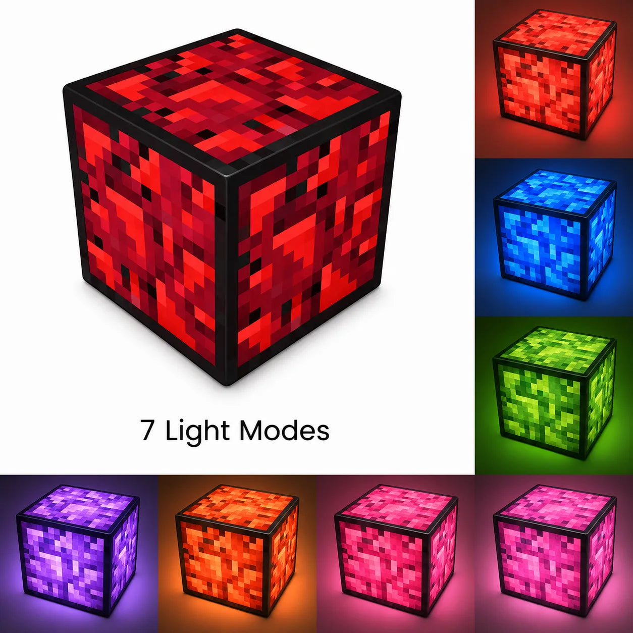 glowing Obsidian magnetic block with 7 light modes displayed.