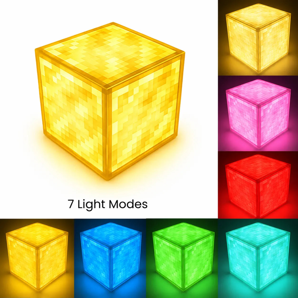 gold ore magnetic block light with multiple color options and '7 Light Modes' text.