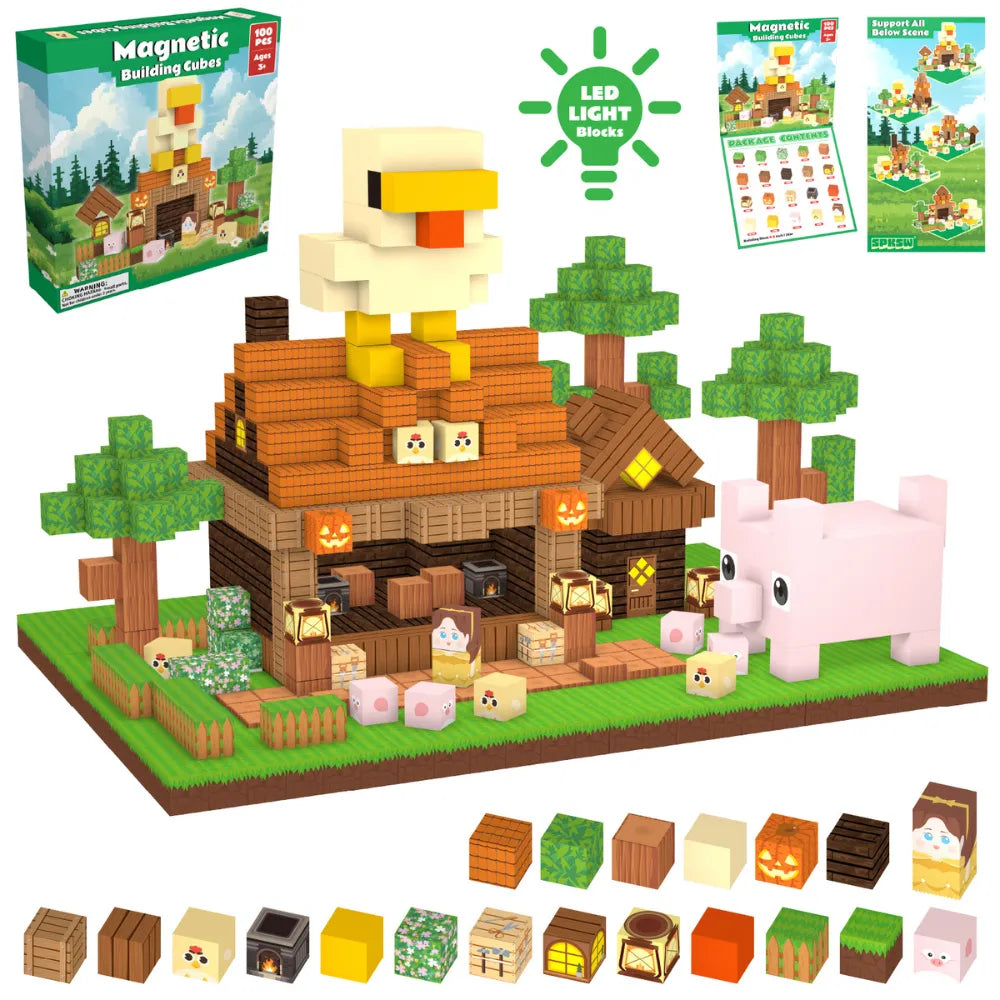 Magnetic Blocks with LED Light Up Blocks 100, 200 PCS | 2cm/0.8" | Farm