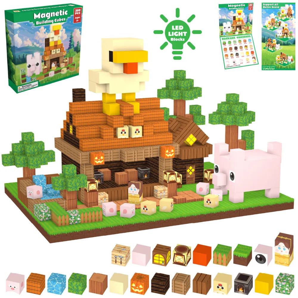 Magnetic Blocks with LED Light Up Blocks 100, 200 PCS | 2cm/0.8" | Farm