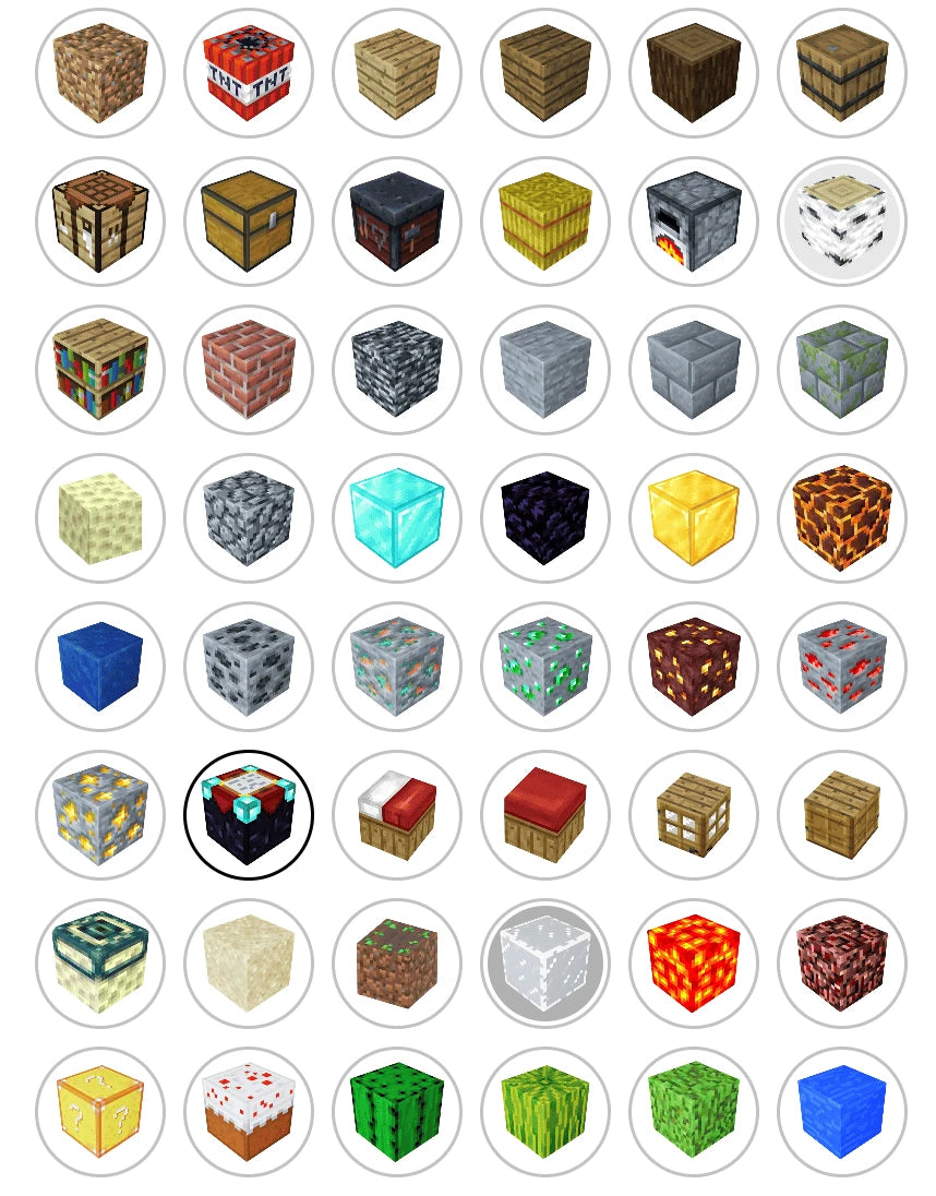 Collection of various  Minecraft Magnetic Blocks in different materials and textures on a white background