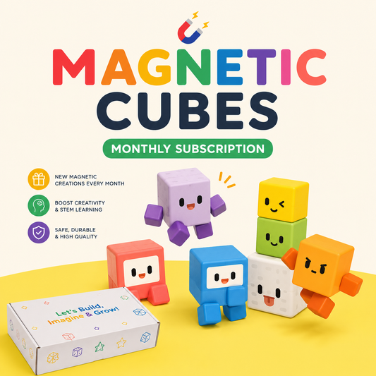 Promotional image of magnetic cubes with a monthly subscription offer on a light yellow background.