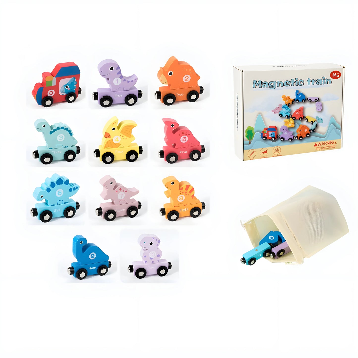 Colorful magnetic toy train set with dinosaur figures and packaging on a white background