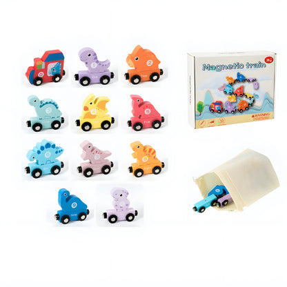 Colorful magnetic toy train set with dinosaur figures and packaging on a white background