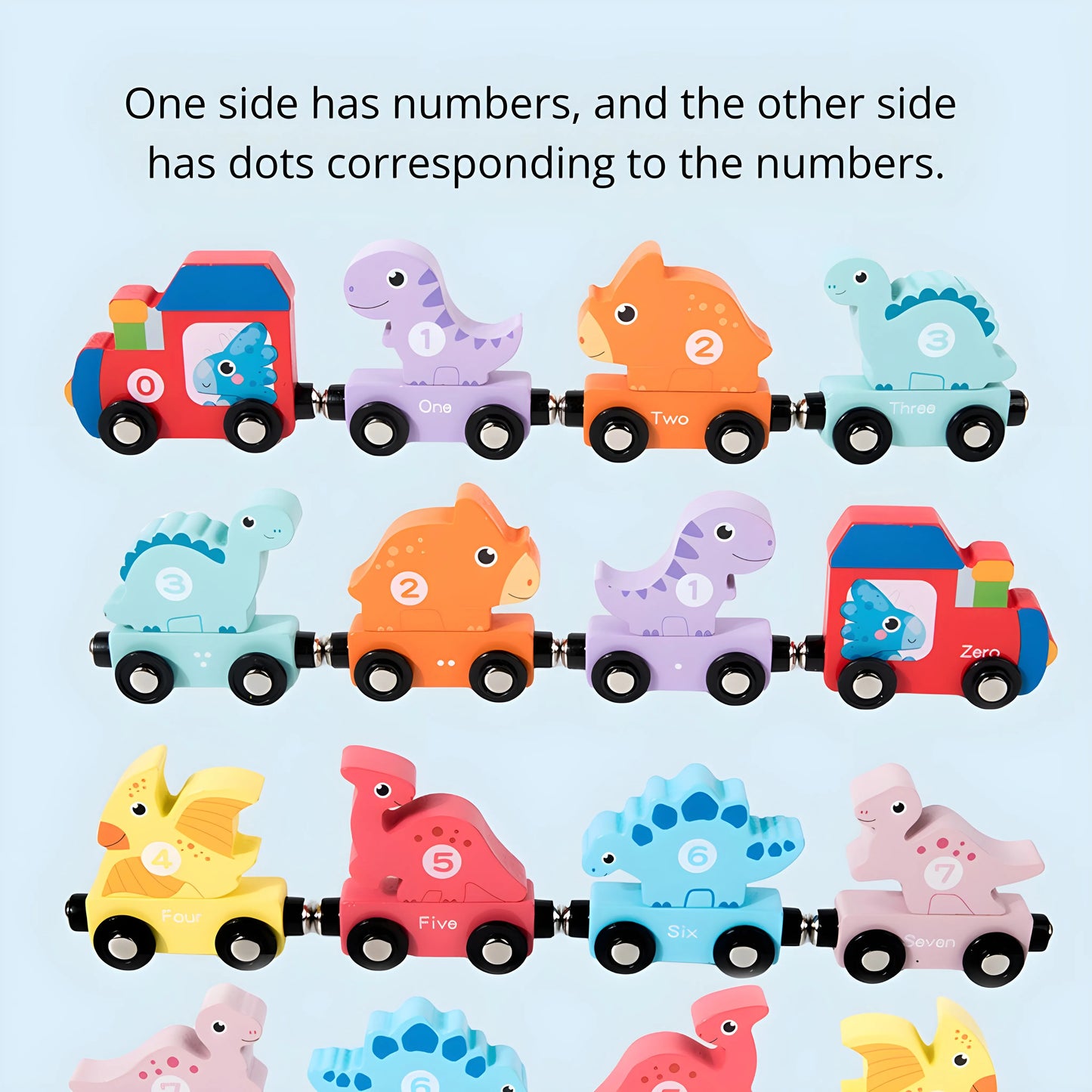 Set of colorful magnetic dinosaur-shaped toys with numbers on a light blue background