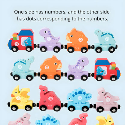 Set of colorful magnetic dinosaur-shaped toys with numbers on a light blue background