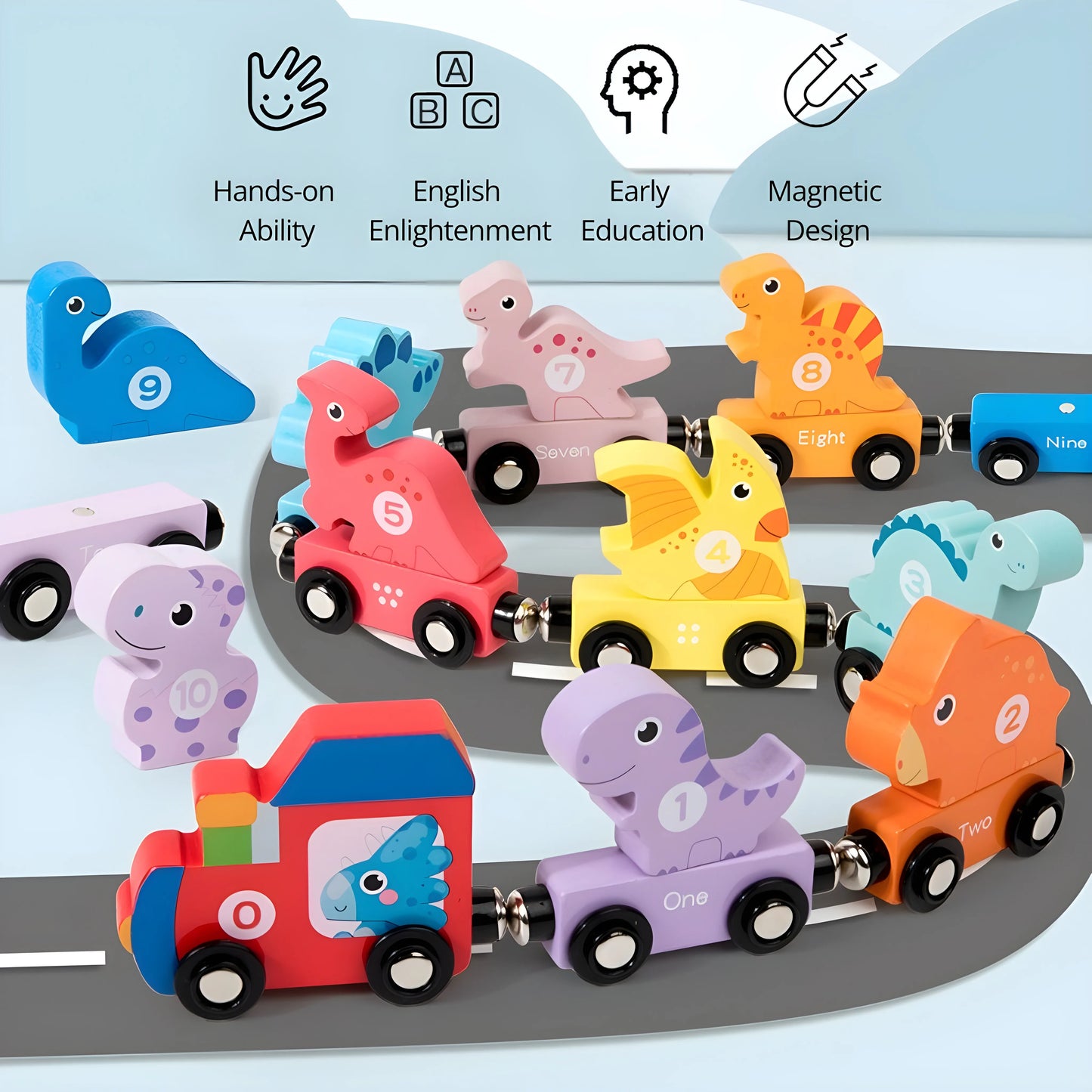 magnetic dinosaur toy train set with educational features on a gray surface.