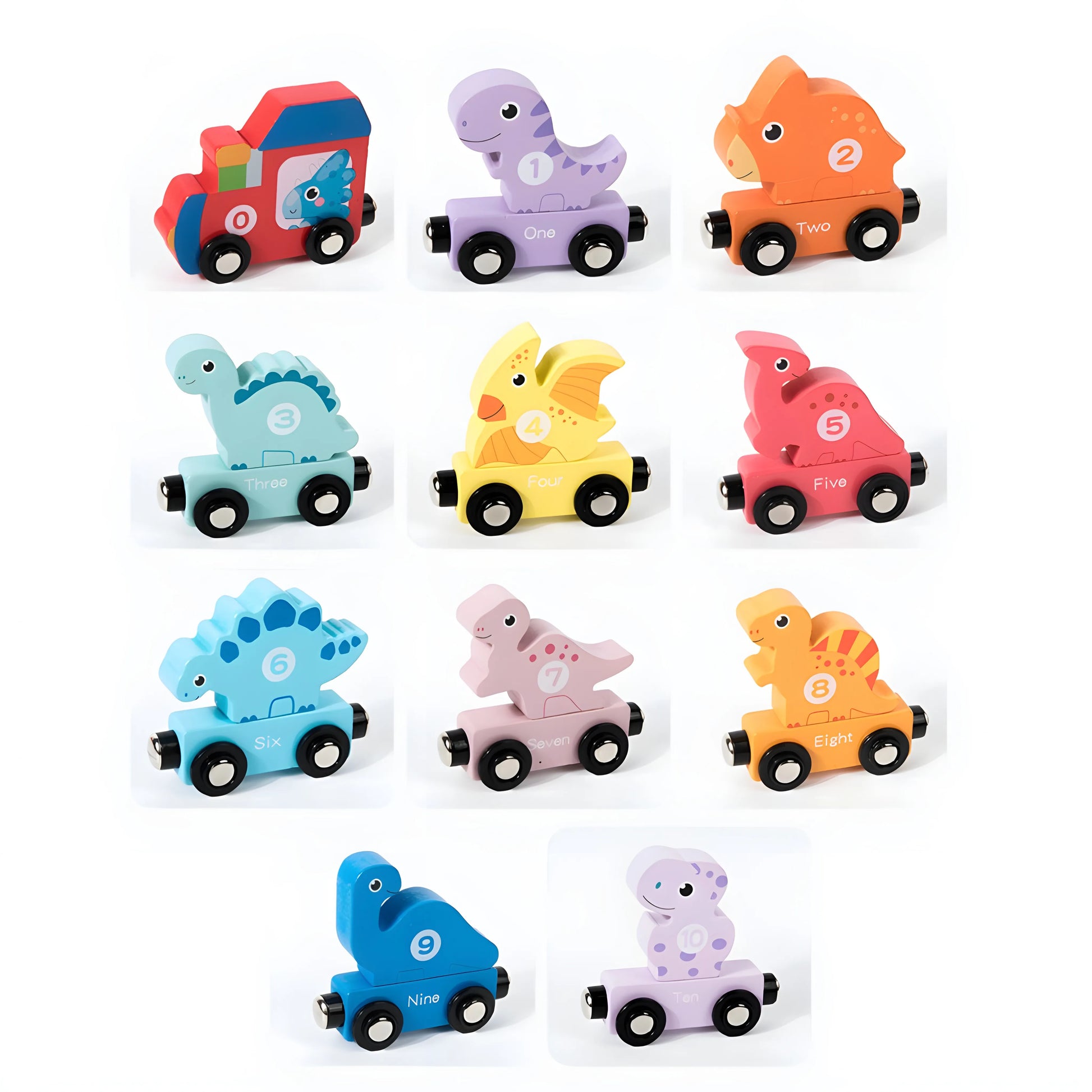 Set of magnetic toy cars shaped like dinosaurs on a white background