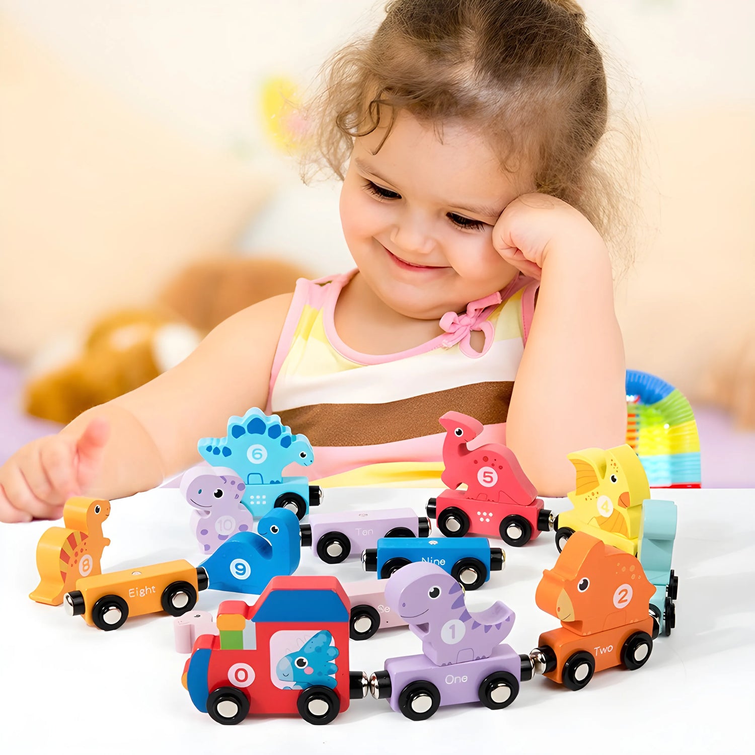 Child playing with magnetic wooden toy train set on a white surface