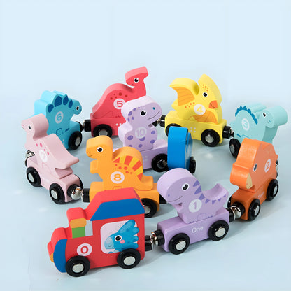 magnetic toy train set with animal-shaped cars on a light blue background