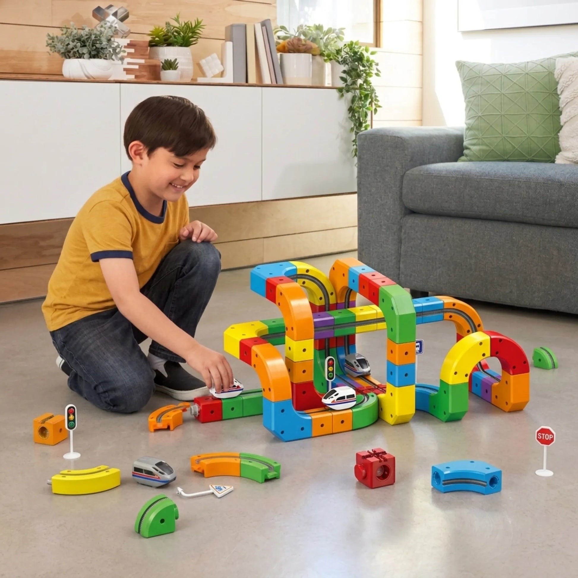 Child playing with Montessori 3D Electric Train Track on a living room floor.