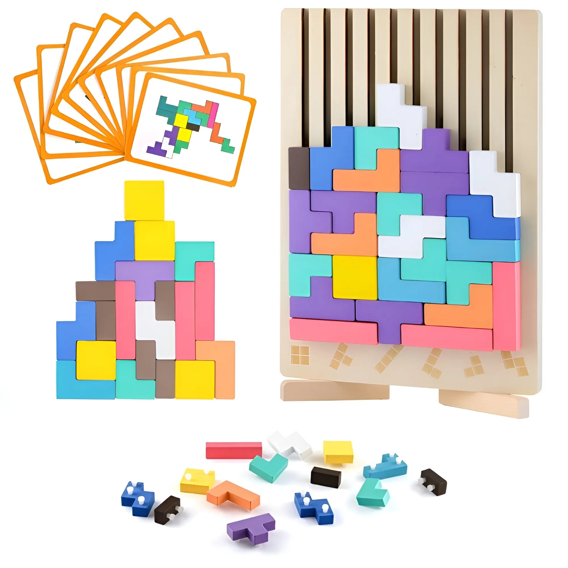 Colorful wooden tangram puzzle set with pieces and instruction cards on a white background