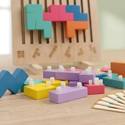 Colorful geometric building blocks on a wooden surface with a blurred background