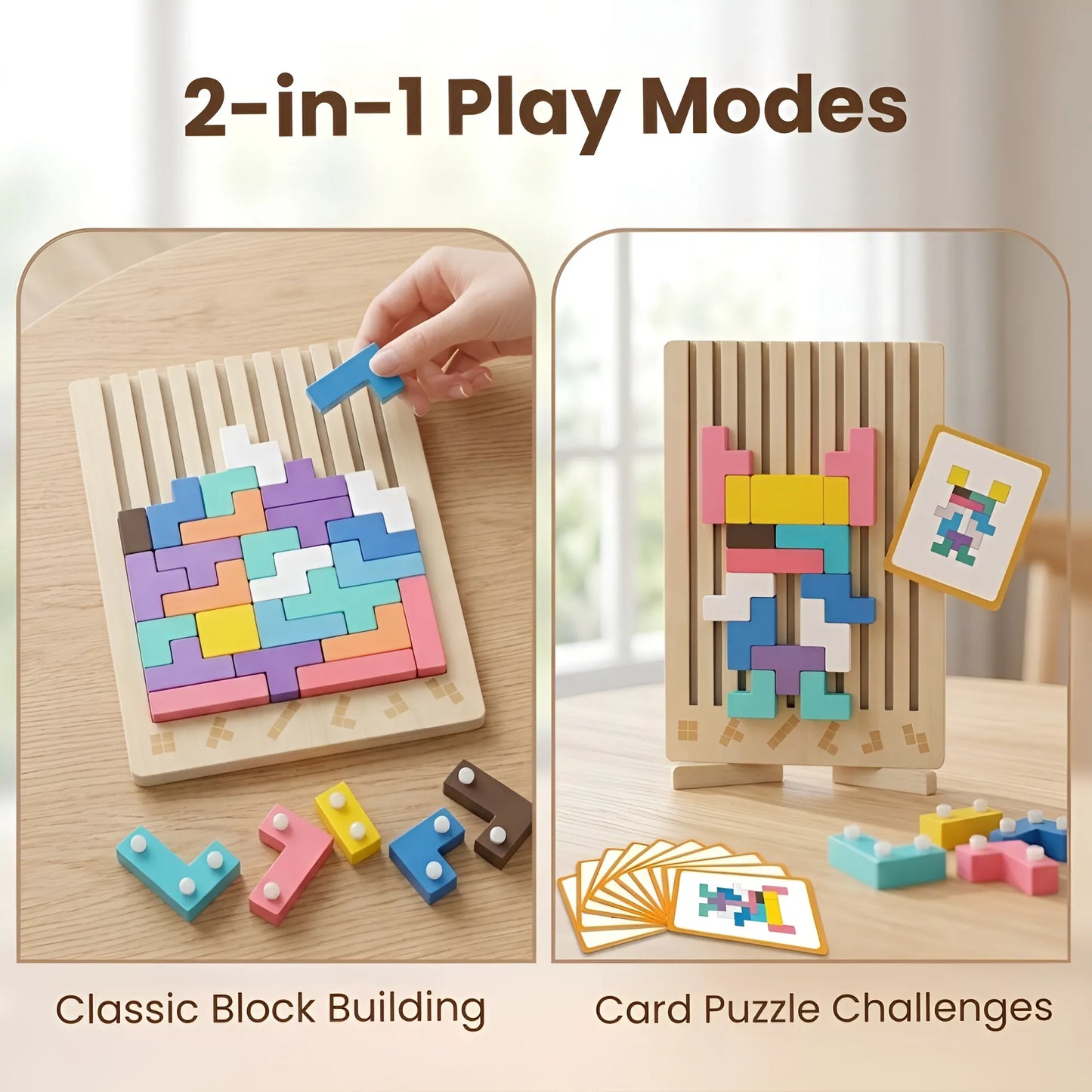 Wooden puzzle toy with 2-in-1 play modes for block building and card puzzles.