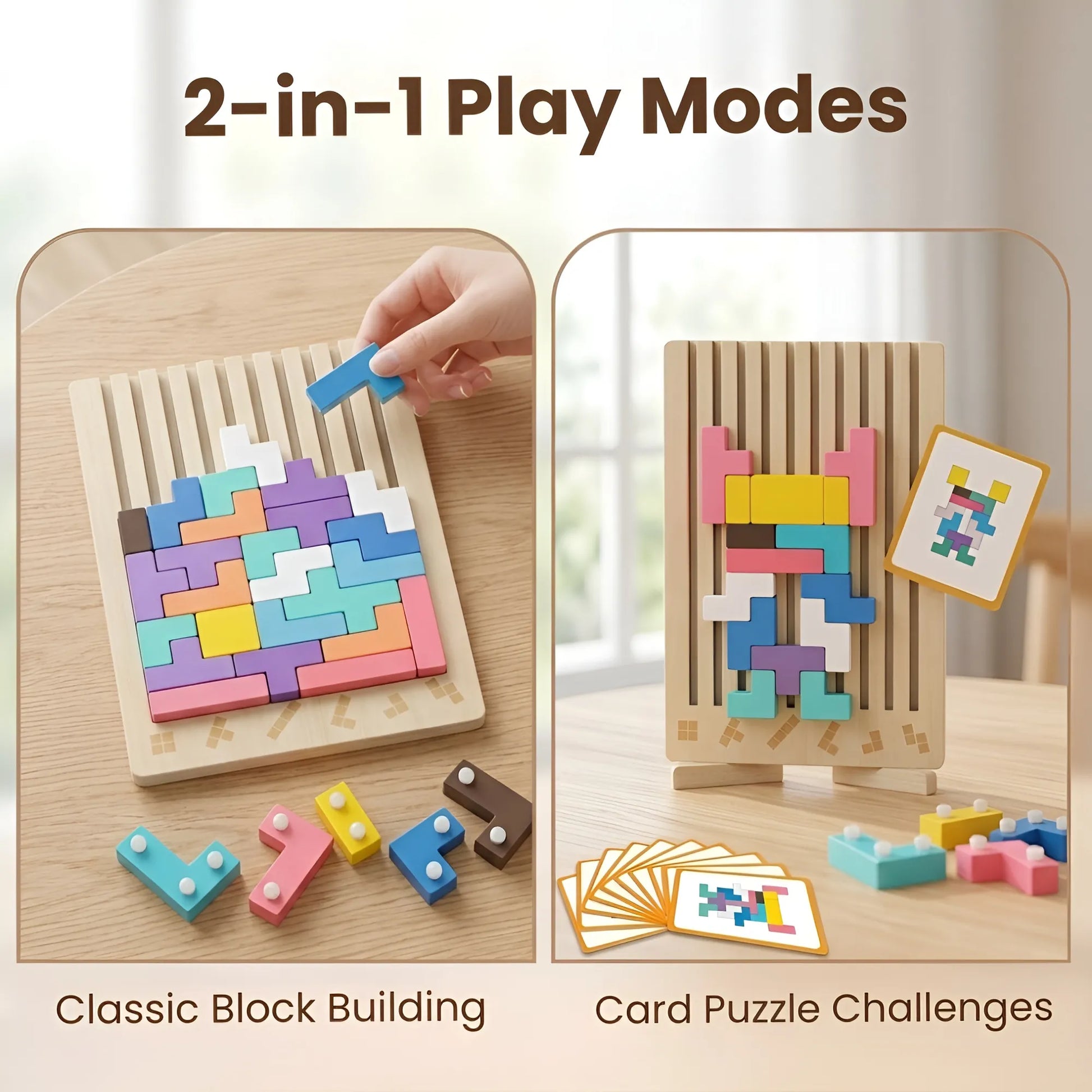 Wooden puzzle toy with 2-in-1 play modes for block building and card puzzles.