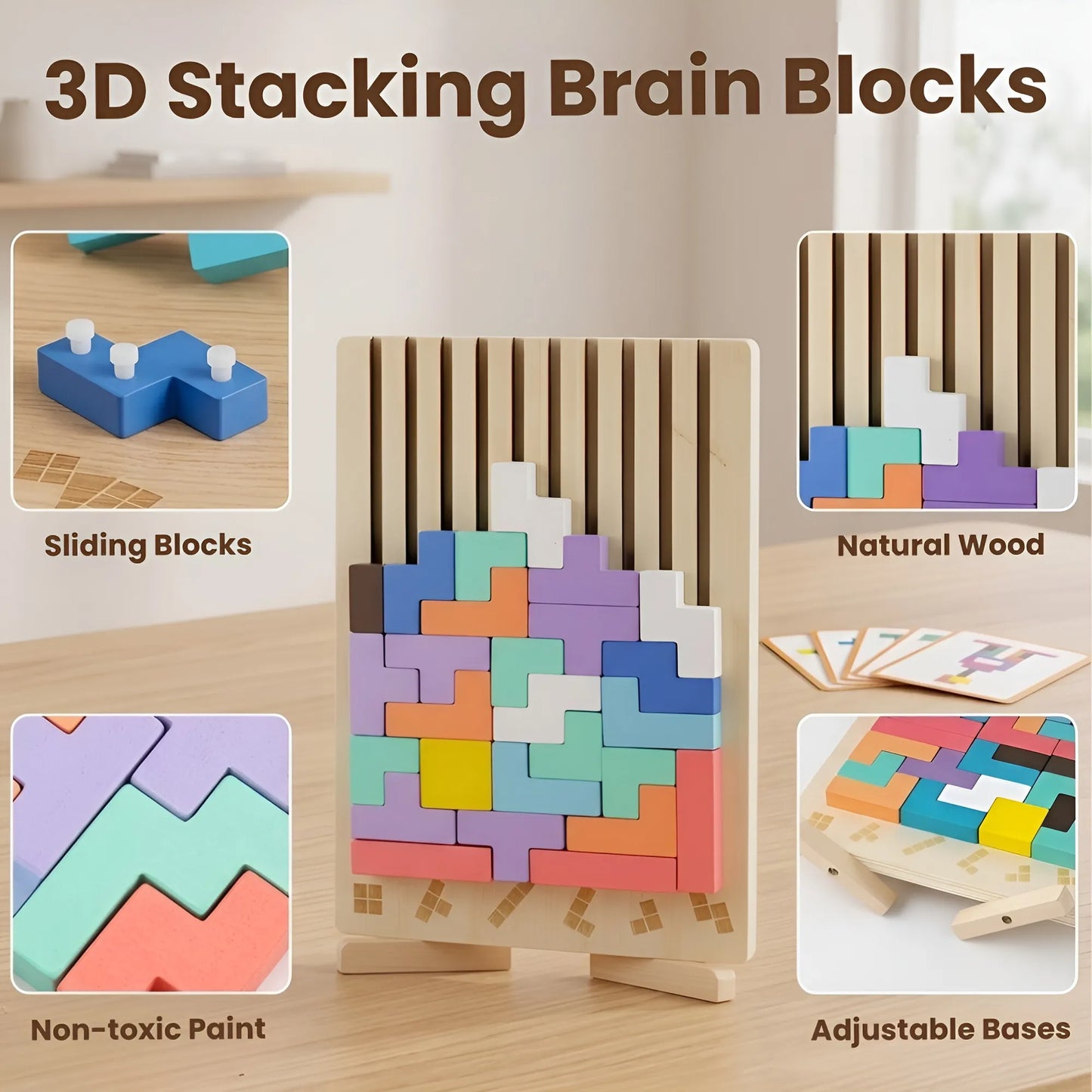 Collage of 3D stacking brain blocks with different features highlighted.