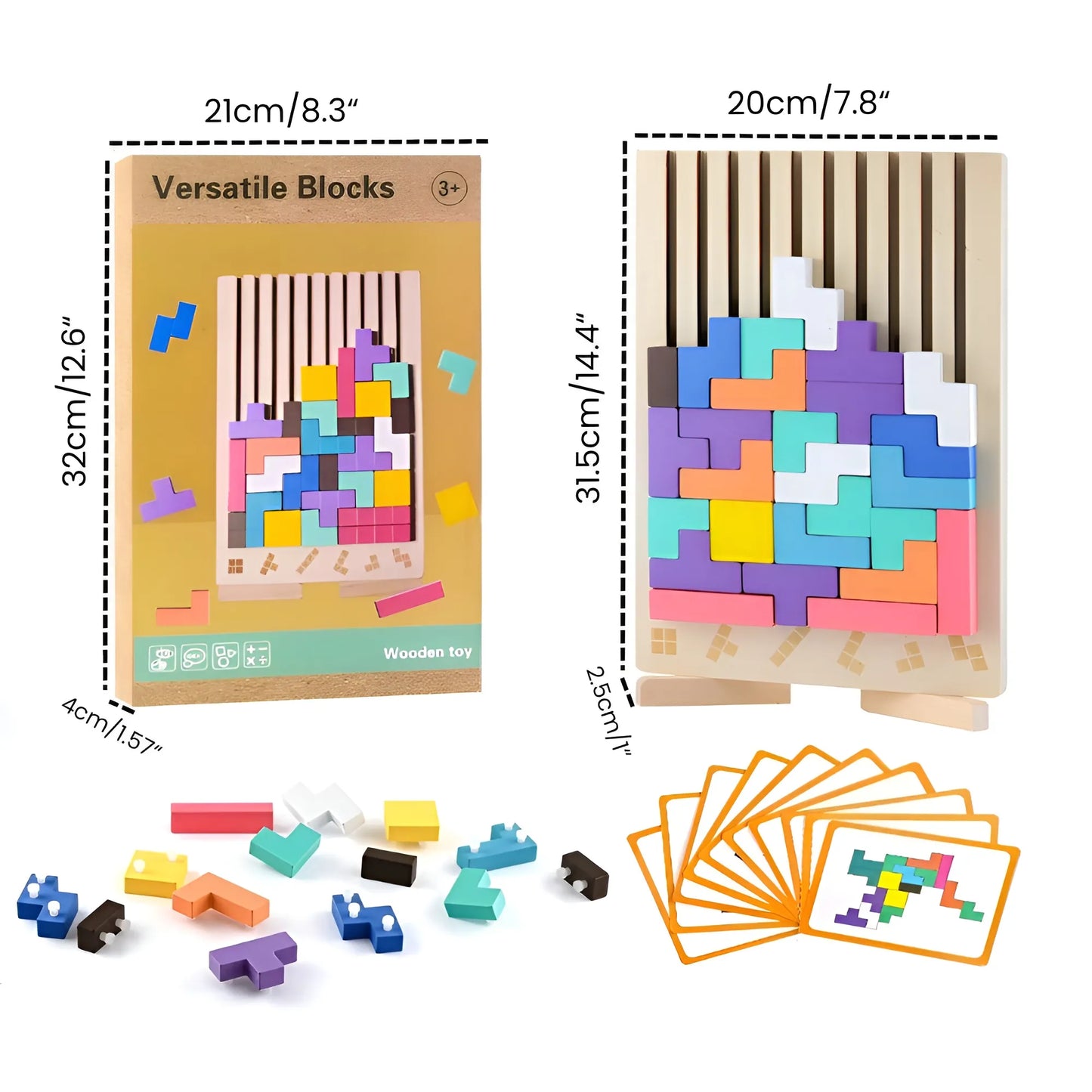 Wooden block puzzle toy with colorful blocks and packaging, showing dimensions and components.