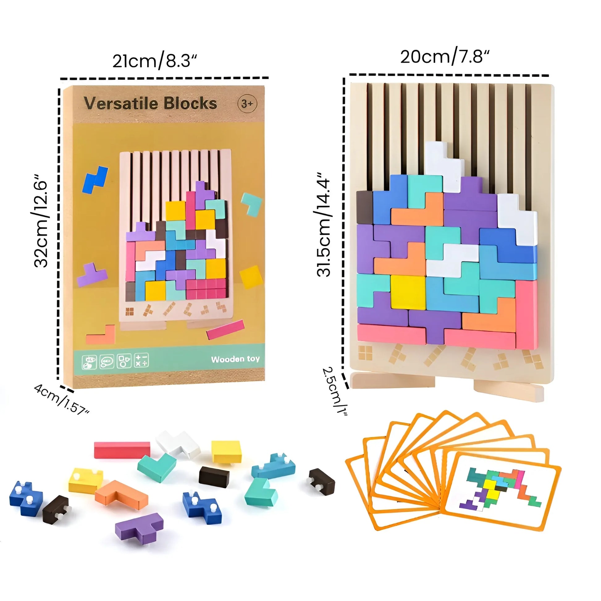 Wooden block puzzle toy with colorful blocks and packaging, showing dimensions and components.