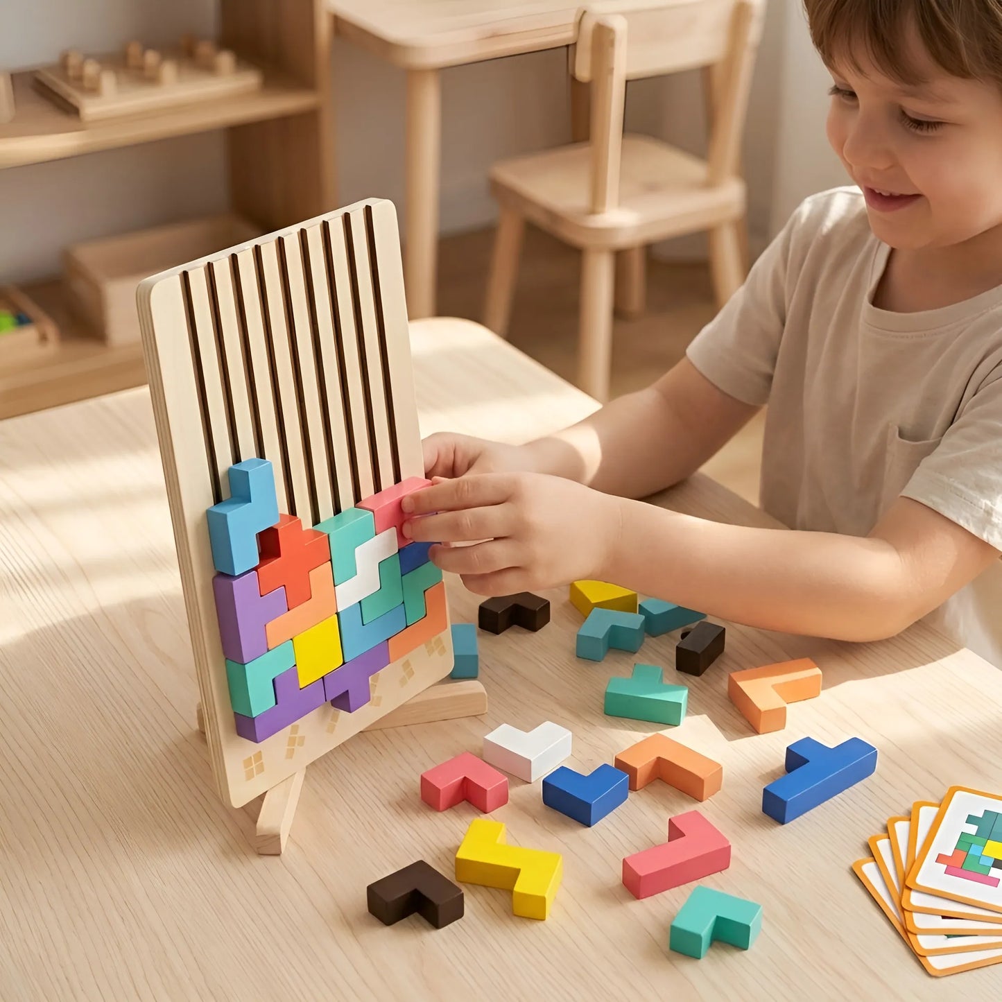 Child playing with a wooden block puzzle on a table.