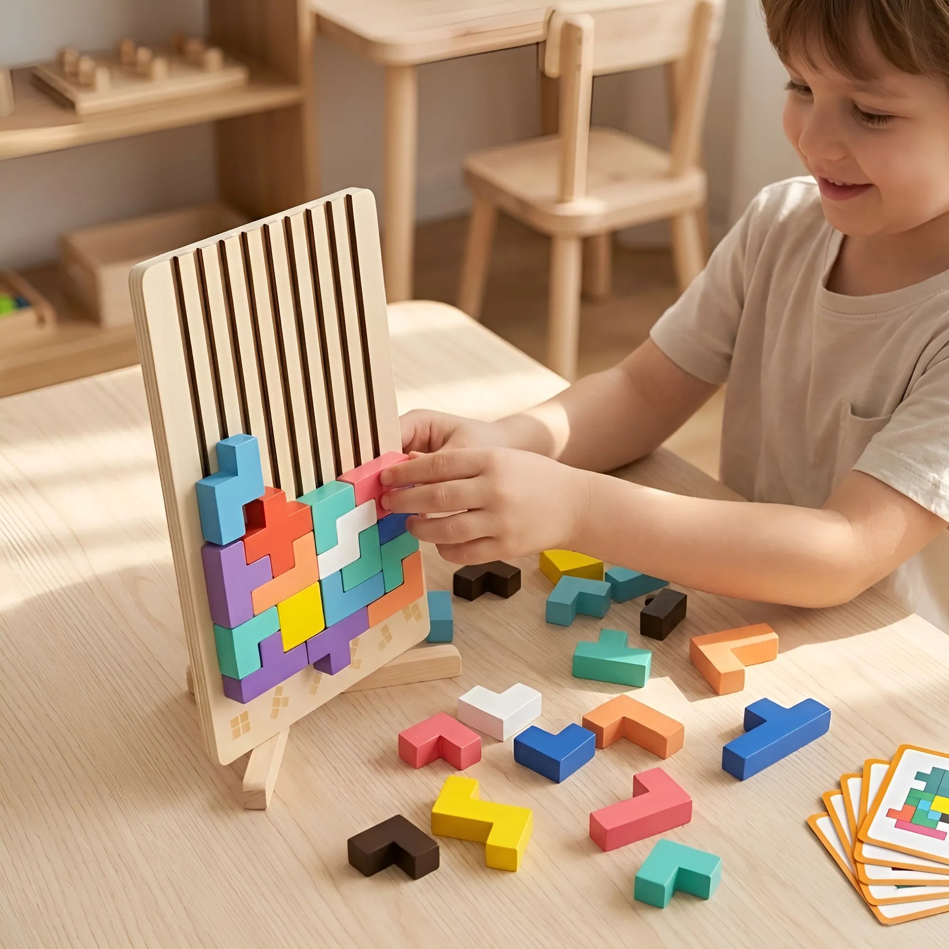 Child playing with a wooden block puzzle on a table.