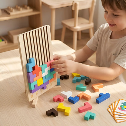 Child playing with a wooden block puzzle on a table.