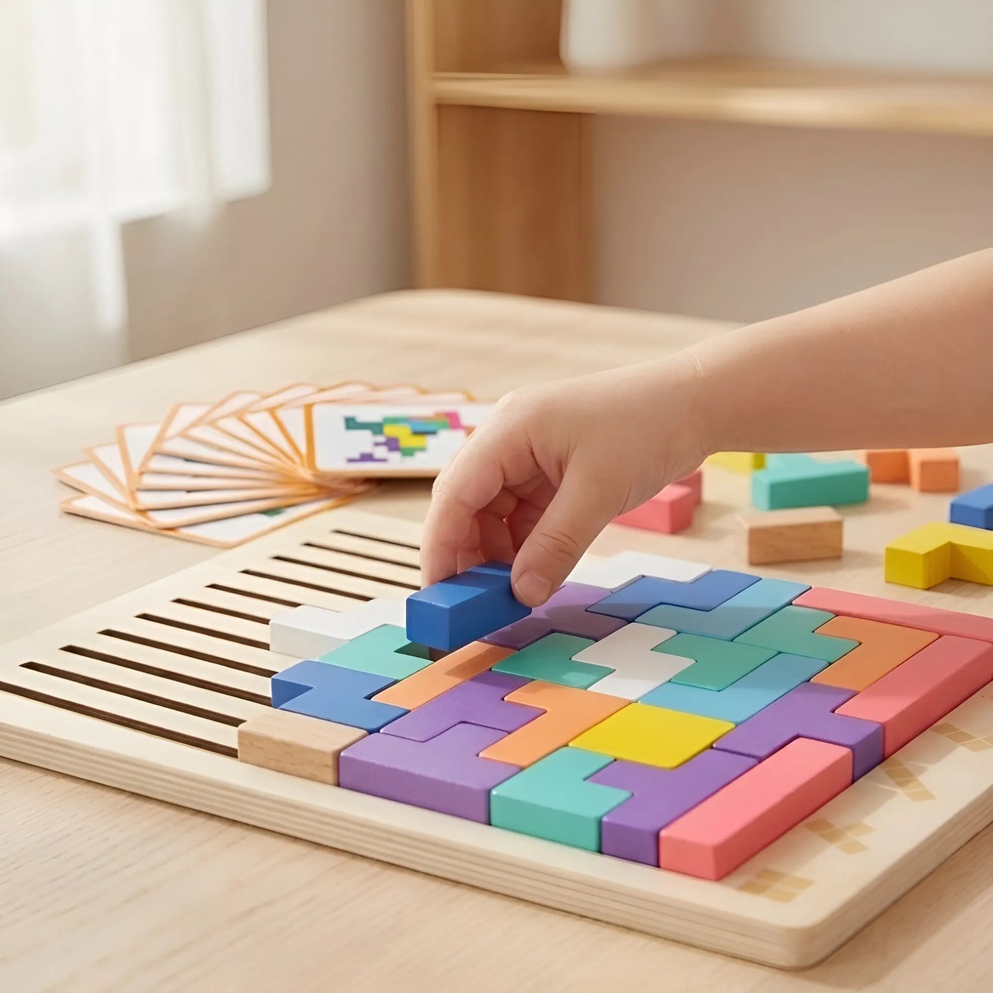 Child playing with a colorful wooden puzzle on a wooden table.
