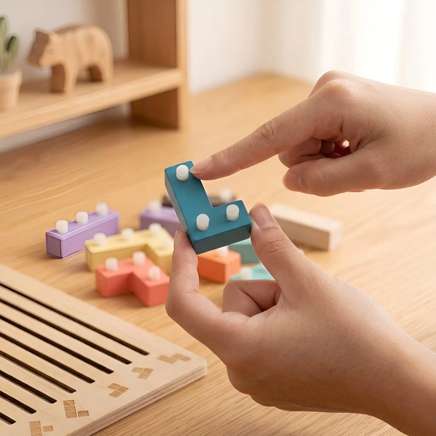 Hand holding a blue wooden block with white dots on a wooden surface