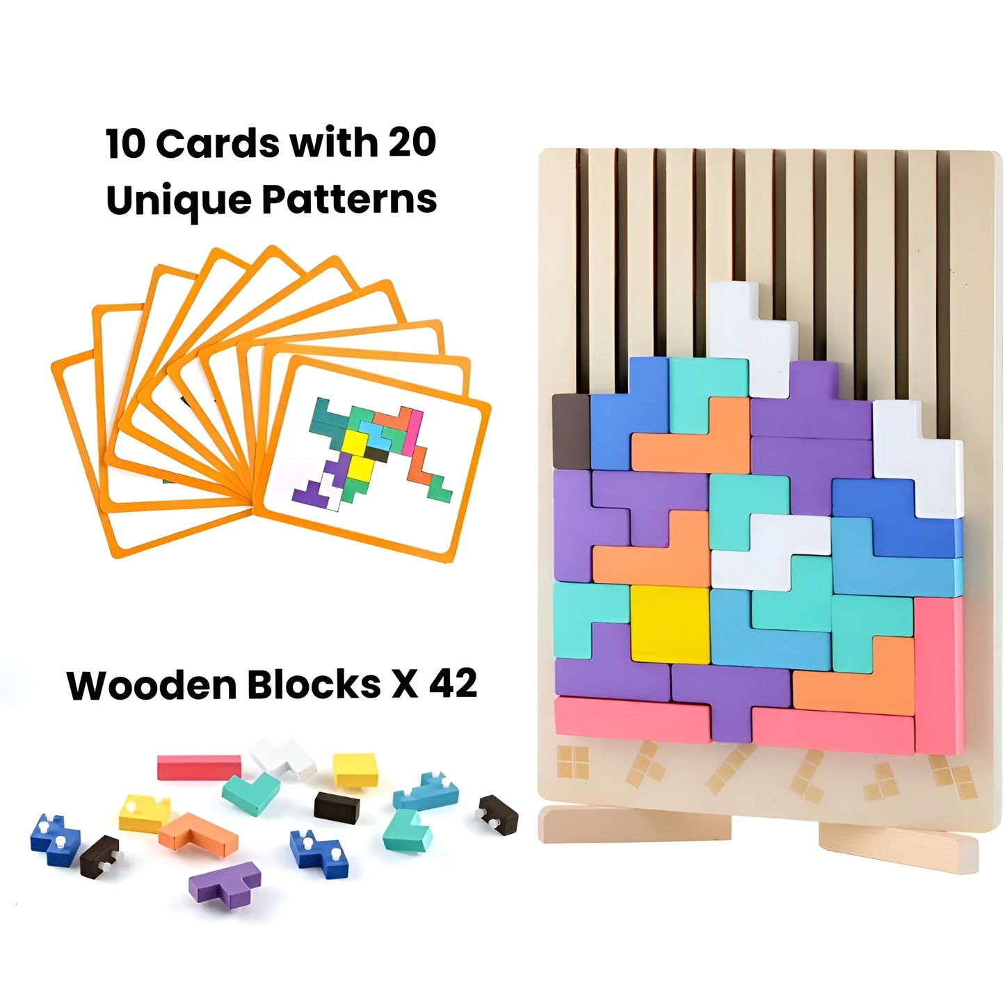 Tetris-style puzzle with wooden blocks and pattern cards on a white background