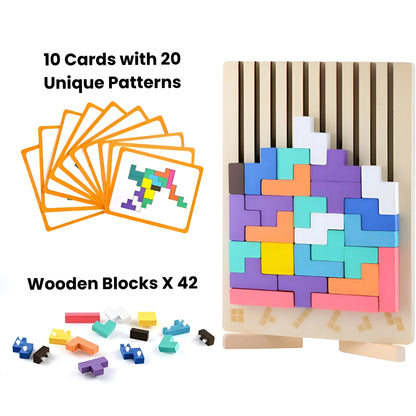 Tetris-style puzzle with wooden blocks and pattern cards on a white background