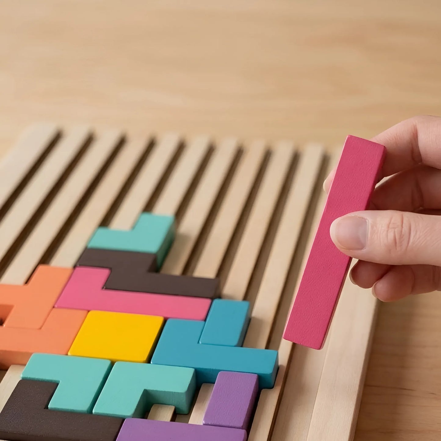 Colorful wooden tangram pieces on a wooden board with a hand holding a pink piece.