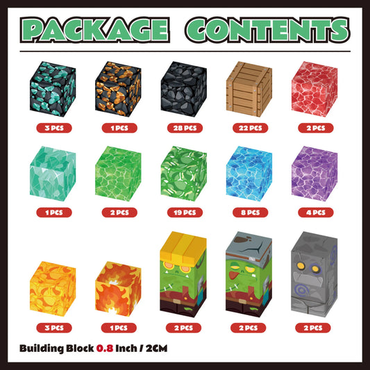 Package contents list with various building block designs and quantities on a black background.