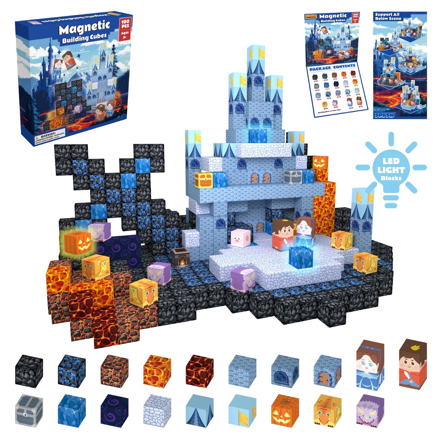 Onenazo Magnetic Building Blocks with LED Light Up Blocks - Lava Sword Castle | 0.8"/2 cm
