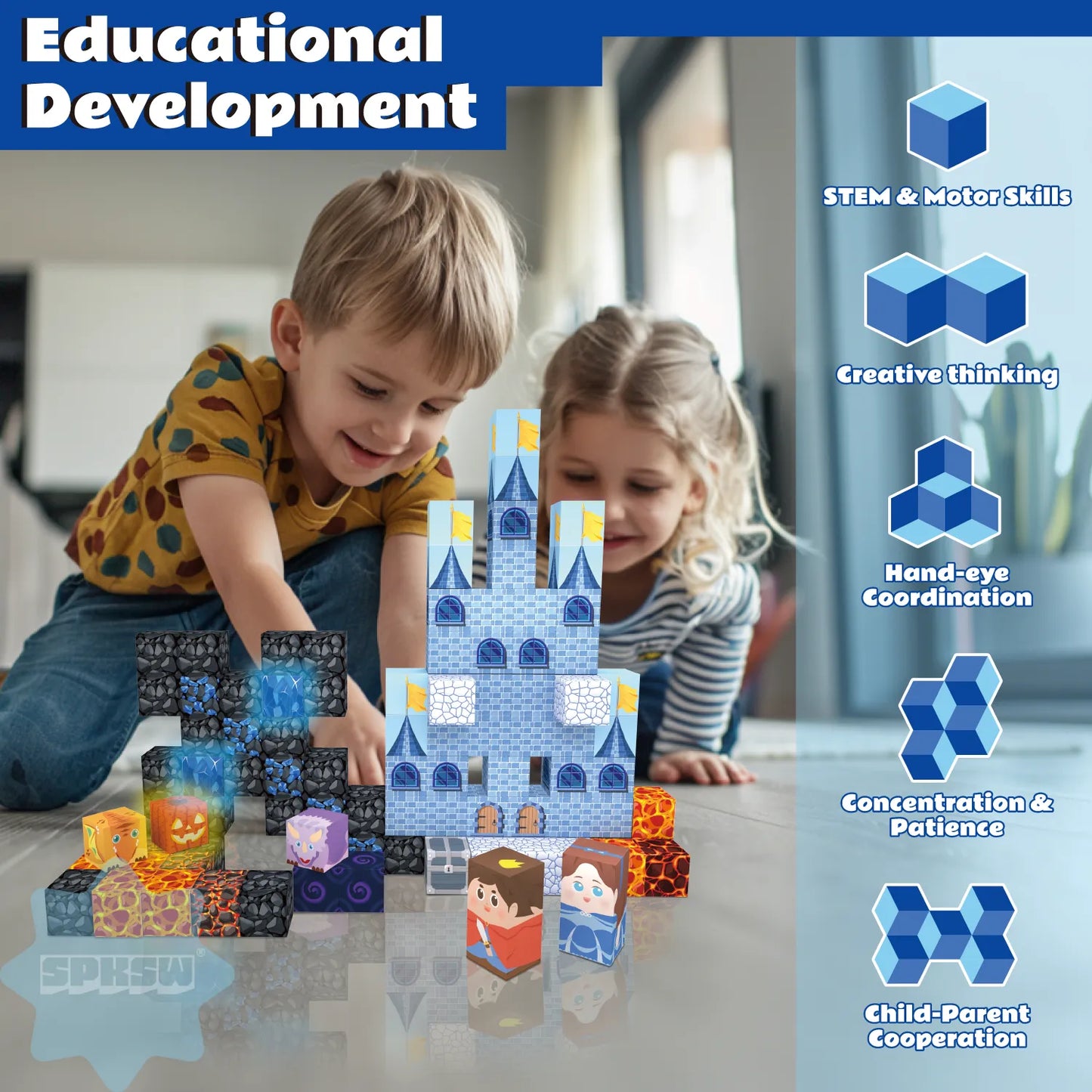 Onenazo Magnetic Building Blocks with LED Light Up Blocks - Lava Sword Castle | 0.8"/2 cm