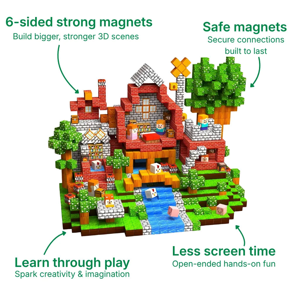 Colorful magnetic building blocks assembled into a detailed jungle treehouse scene with red brick houses, green trees, a blue river, and pixelated character figures.