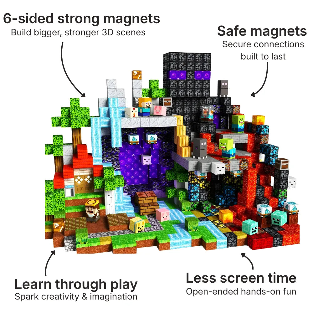 Magnetic building blocks shaped into a 3D haunted ghost portal scene. Contains multicolor cubes, trees, water, lava, obsidian blocks, and figures like zombies. Educational stacking magnet set for kids enabling creative construction and open-ended play.