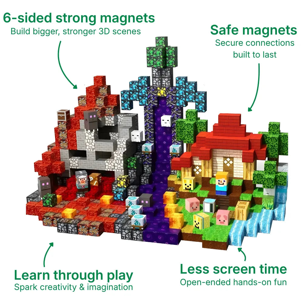 Vibrant Onenazo Magnetic Building Blocks set displayed in a detailed 3D scene featuring a spooky lava mountain with stone ruins and zombie figures alongside a peaceful village with a red-roofed house, green trees, and pixelated animals. This 200-piece stackable cube magnet toy demonstrates strong connectivity for open-ended creative construction play.