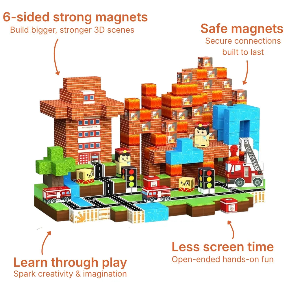 Magnetic building blocks set creating a 3D fire rescue scene with a brick fire station, red fire trucks, train tracks, and blue blocks. Educational STEM toy including figurines, trees, and traffic lights for creative play.