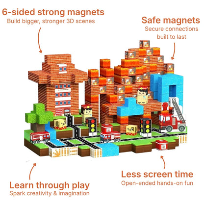 Magnetic building blocks set creating a 3D fire rescue scene with a brick fire station, red fire trucks, train tracks, and blue blocks. Educational STEM toy including figurines, trees, and traffic lights for creative play.