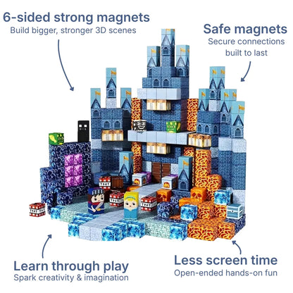 Onenazo 100-piece magnetic building blocks set arranged in a royal blue castle. Features diverse magnetic cubes including lava, TNT, and crystal textures alongside character figures. Educational stacking magnet toys for kids fostering open-ended creativity and construction fun.