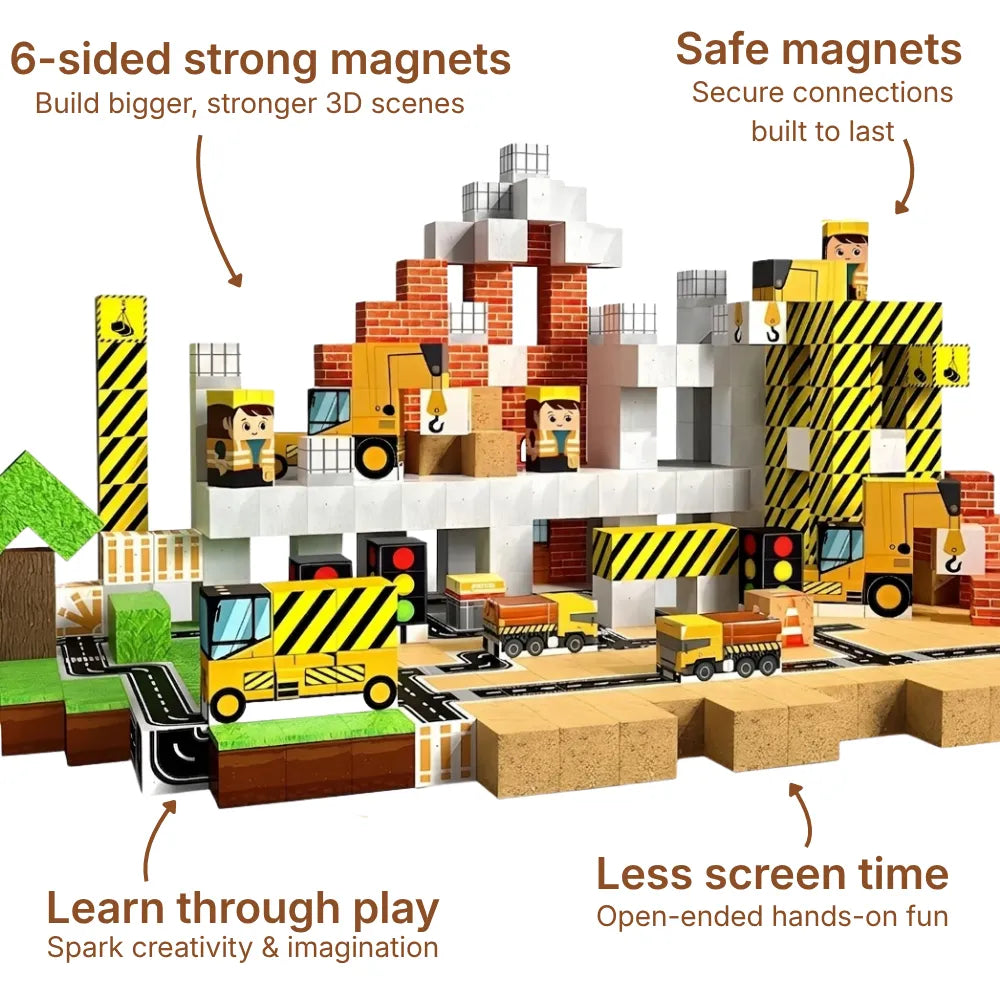 A detailed construction zone built with Onenazo Magnetic Building Blocks showing a yellow crane truck, cargo vehicles, and traffic signals. The colorful set features textured bricks, concrete pillars, and striped safety barriers. Kids can use the 100-piece 2cm cubes to build strong towers and playsets with secure magnetic connections.