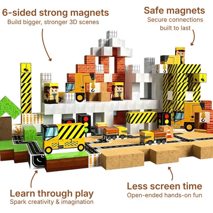 A detailed construction zone built with Onenazo Magnetic Building Blocks showing a yellow crane truck, cargo vehicles, and traffic signals. The colorful set features textured bricks, concrete pillars, and striped safety barriers. Kids can use the 100-piece 2cm cubes to build strong towers and playsets with secure magnetic connections.