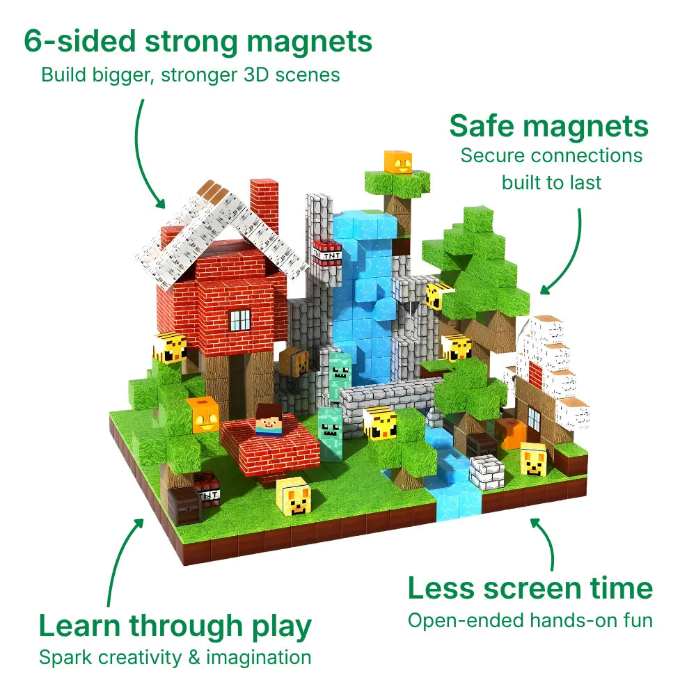 Colorful Magnetic Building Blocks assembled into a 3D landscape featuring a brick house, green trees, and a blue waterfall. The 100-piece stacking magnet set includes pixelated character figures to inspire creative play and open-ended fun for kids.