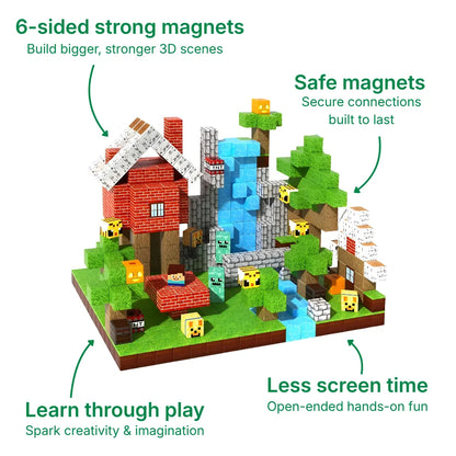 Colorful Magnetic Building Blocks assembled into a 3D landscape featuring a brick house, green trees, and a blue waterfall. The 100-piece stacking magnet set includes pixelated character figures to inspire creative play and open-ended fun for kids.