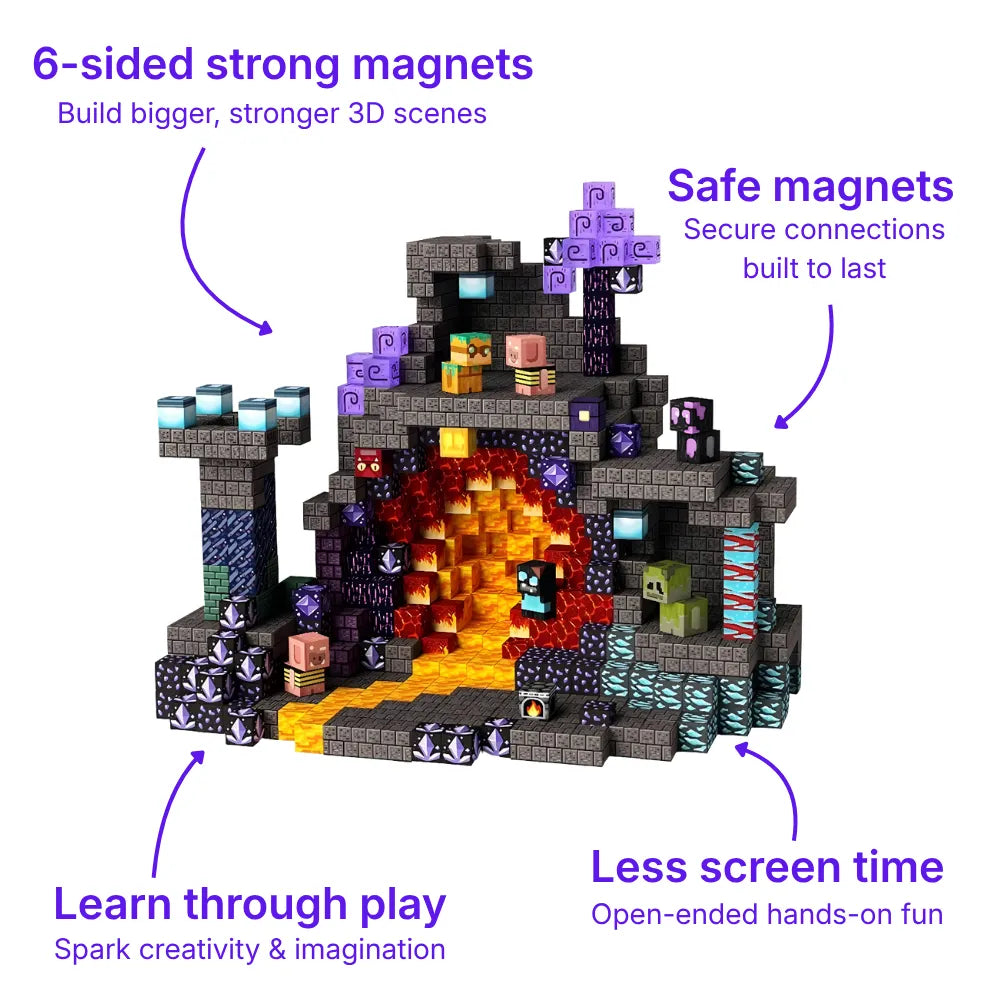 Magnetic Building Blocks forming a 3D cave scene with grey stone walls, purple crystals, and glowing orange lava. Pixelated character figures like pigs and zombies are placed within the underground tunnel design made of stacking magnet tiles.