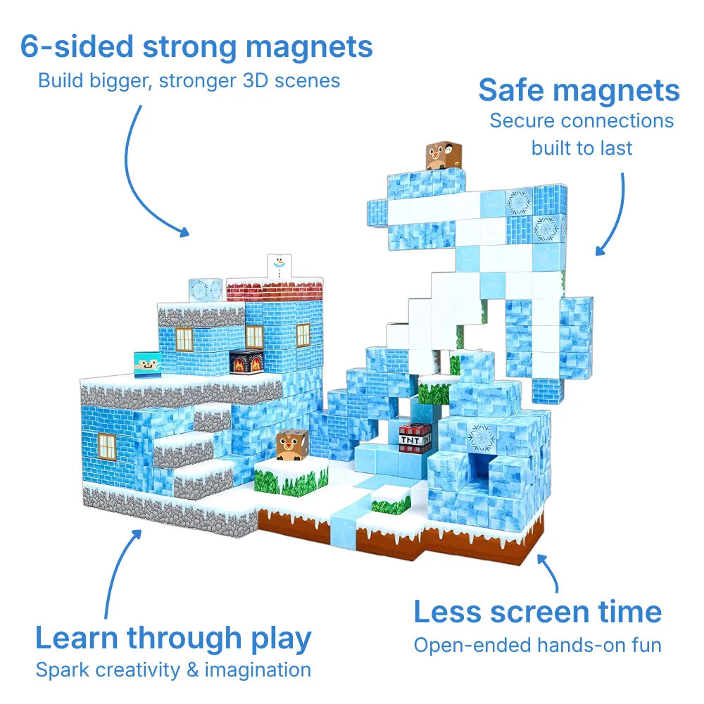 Magnetic building blocks 100-piece snow set featuring blue ice cubes, stone textures, and grass blocks. Kids build 3D scenes with strong magnets including character figures. Safe educational toy for creative construction and learning.