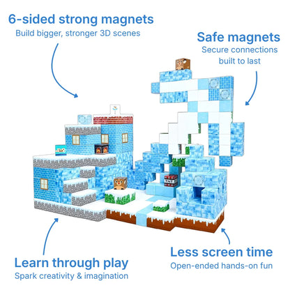 Magnetic building blocks 100-piece snow set featuring blue ice cubes, stone textures, and grass blocks. Kids build 3D scenes with strong magnets including character figures. Safe educational toy for creative construction and learning.